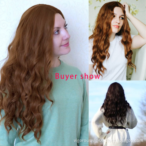 Vigorous Mixed Brown Womens Wig with Bangs Water Wave Heat Resistant Synthetic Wig for African American Women